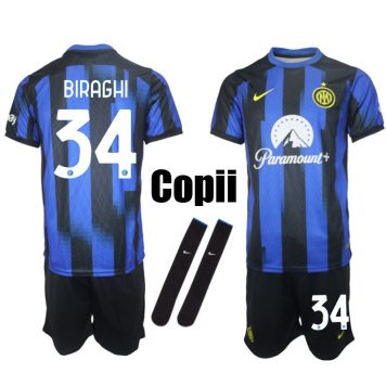 2023-24 Inter Milan Tricou Acasa Biraghi #34 Copii Kit Albastru Negru